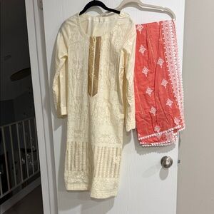 3 pcs embroidered shirt with dupatta & trouser Elegant Cream and Coral Kurta Set